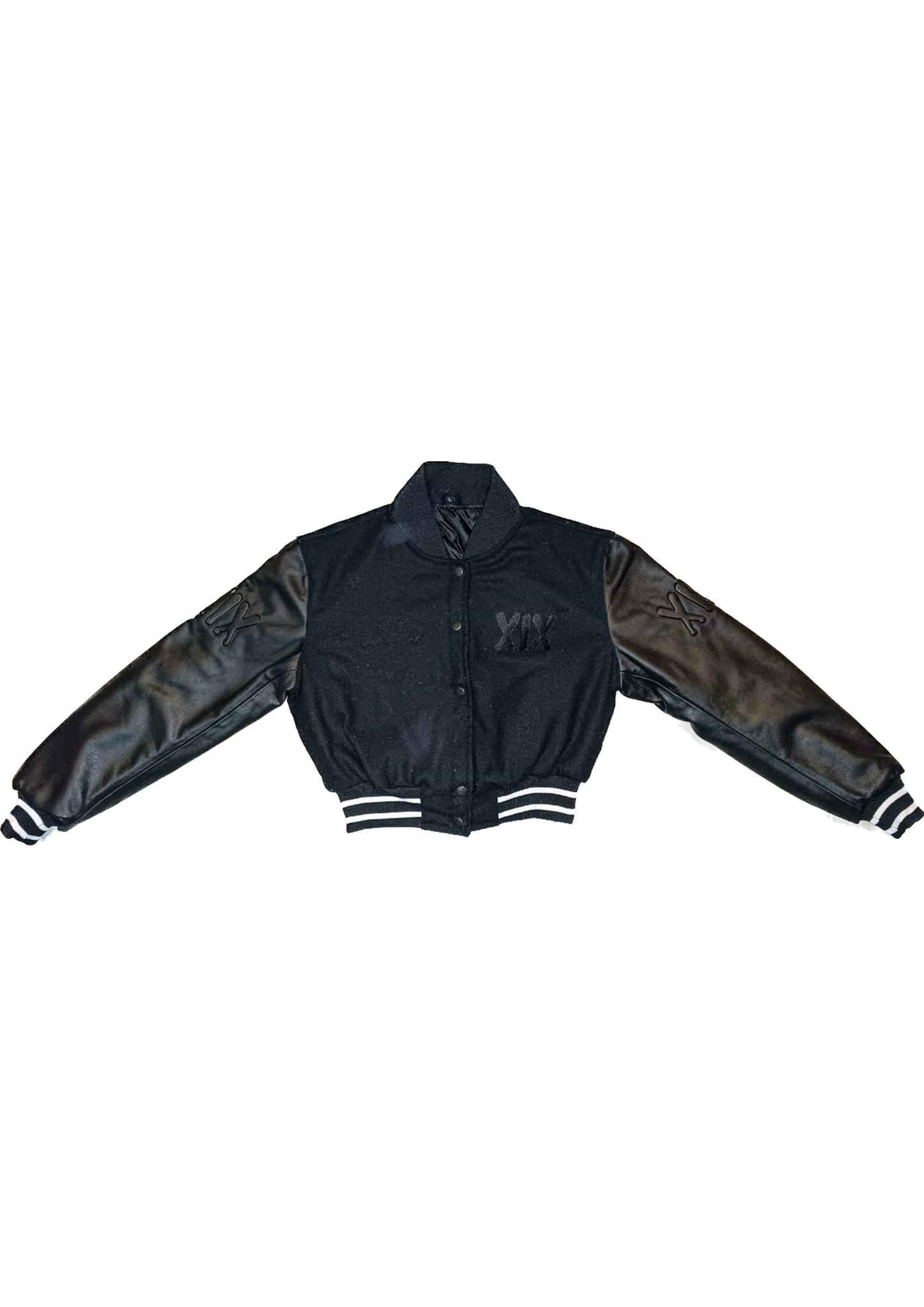 XIX faux leather cropped varsity jacket in black